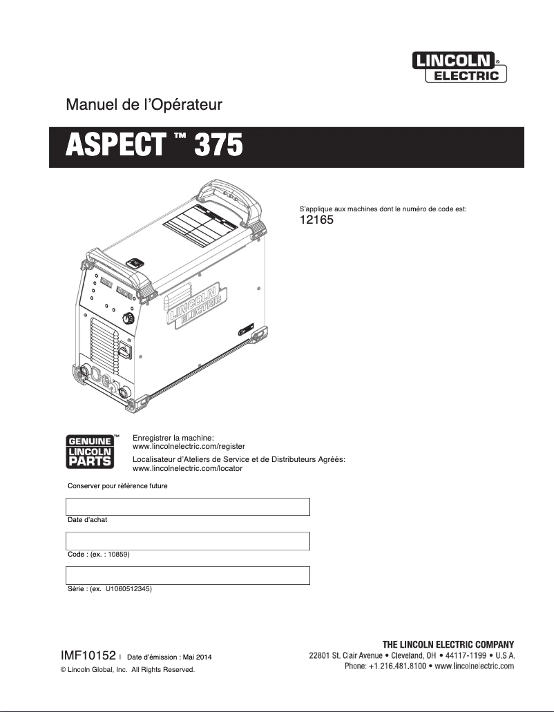Página 1 del manual Manual de usuario Lincoln Electric Aspect 375