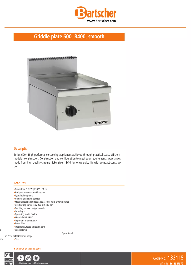 Page 1 de la notice Fiche technique Bartscher 132115