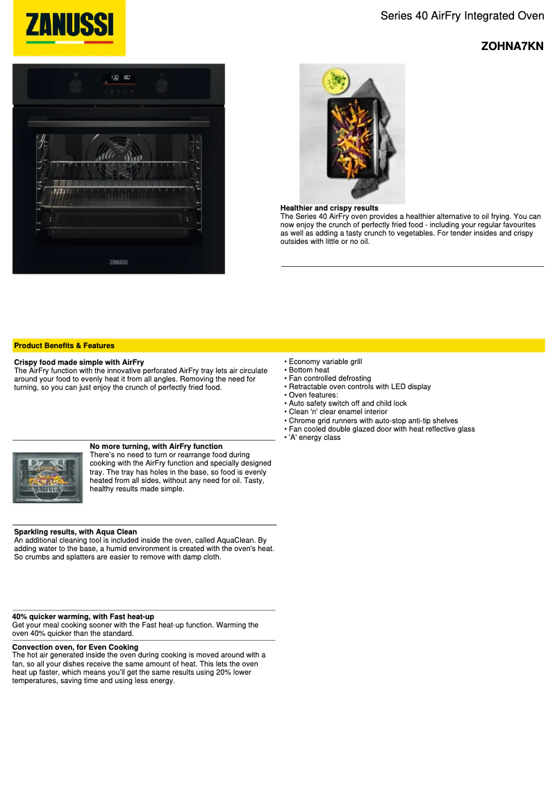 Page 1 de la notice Fiche technique Zanussi ZOHNA7KN