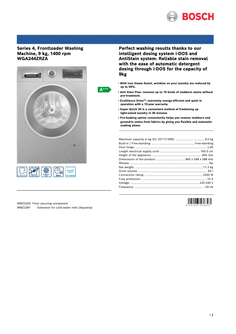 Page n°1 - Fiche technique Bosch WGA244ZRZA