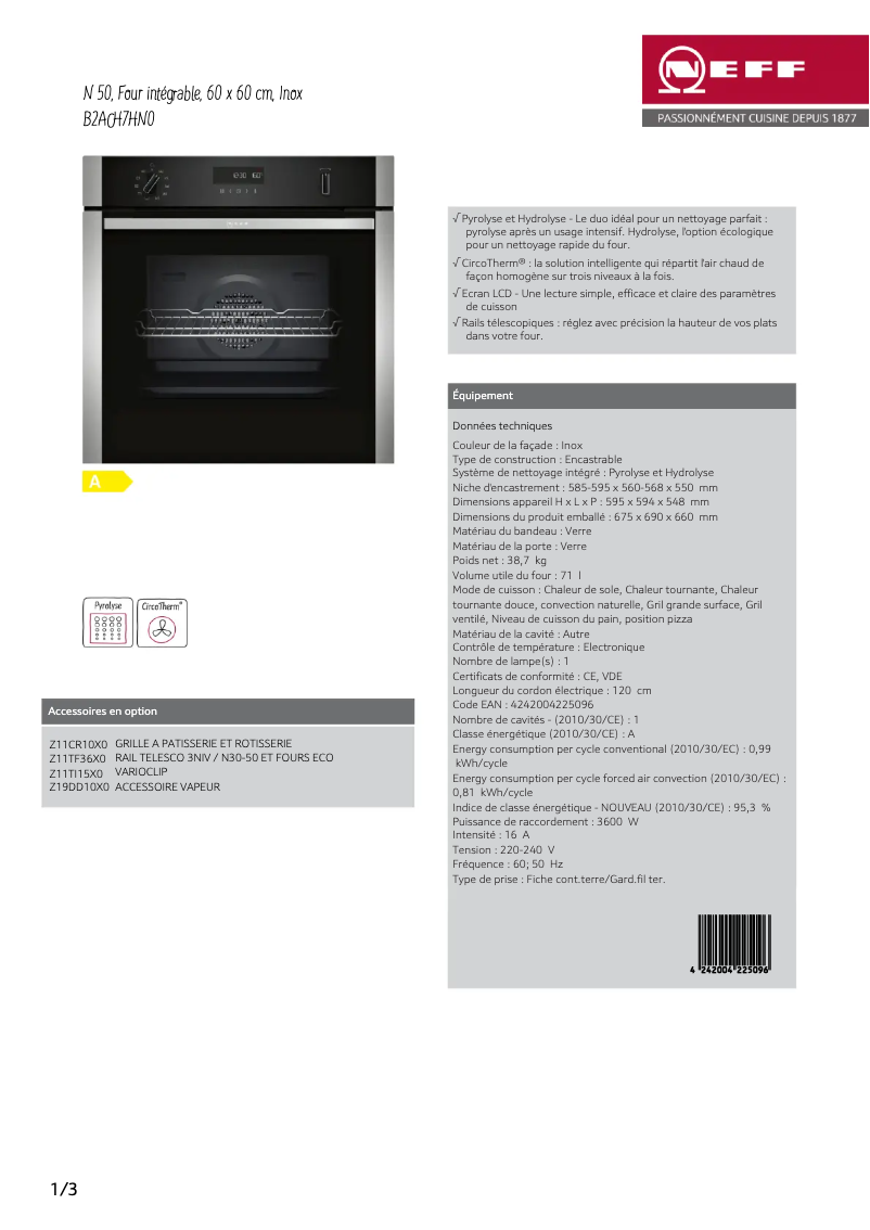 Page n°1 - Fiche technique Neff B2ACH7HN0