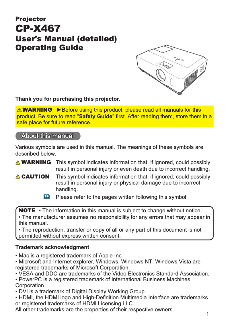 Image de la première page du manuel de l'appareil CP-X467WF