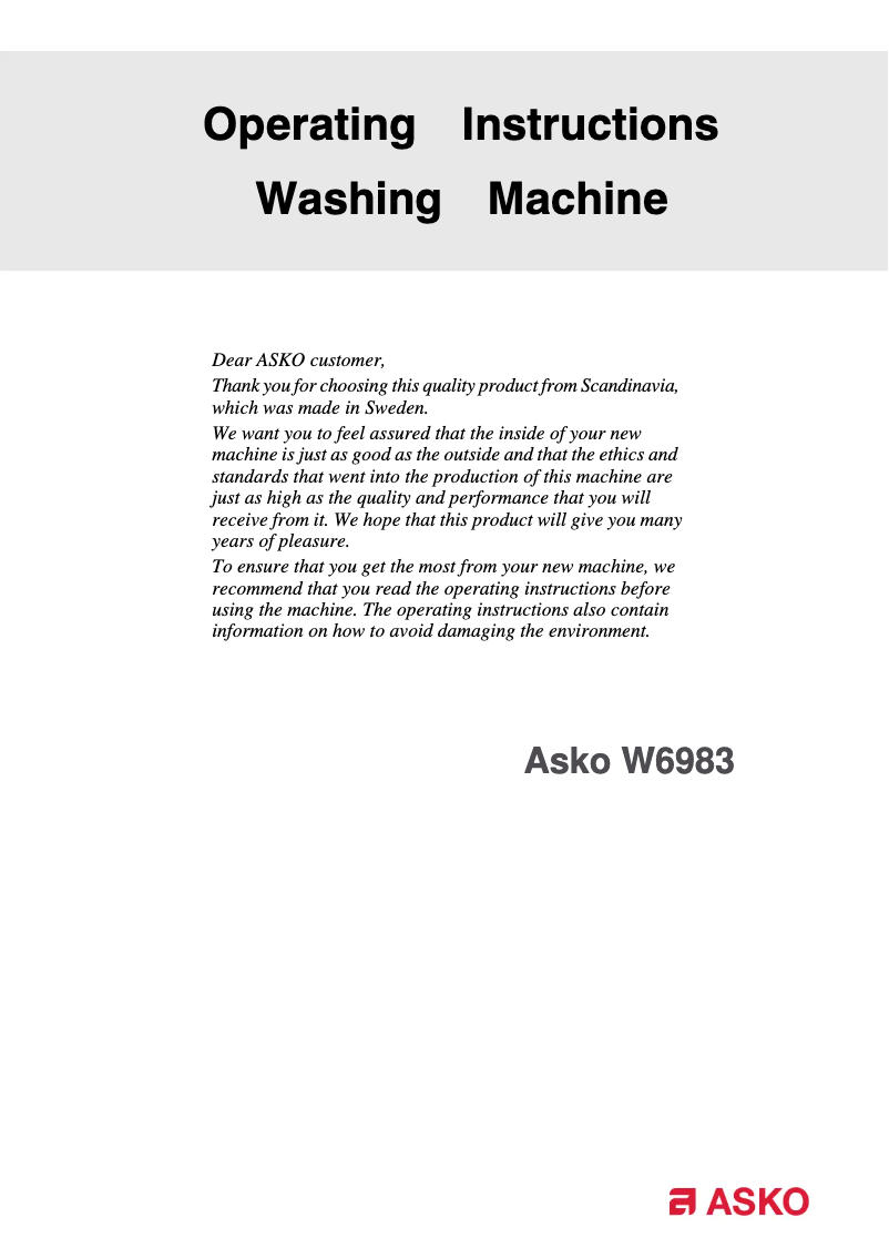 Page 1 de la notice Manuel utilisateur Asko W6983