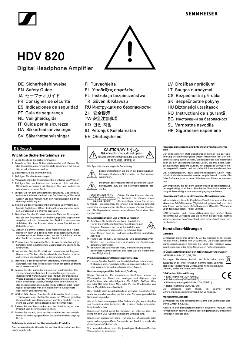 Page n°1 - Instructions de sécurité Sennheiser HDV 820