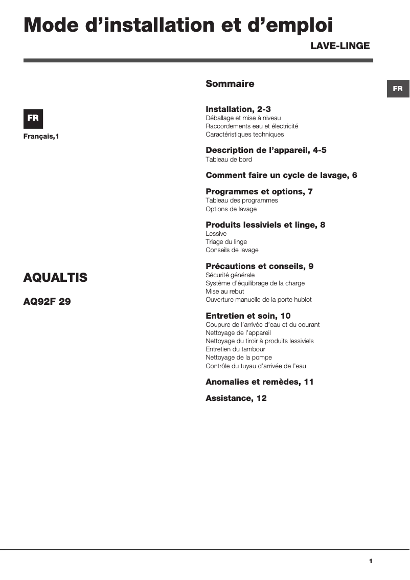 Page n°1 - Manuel utilisateur Hotpoint Ariston AQ92F 29