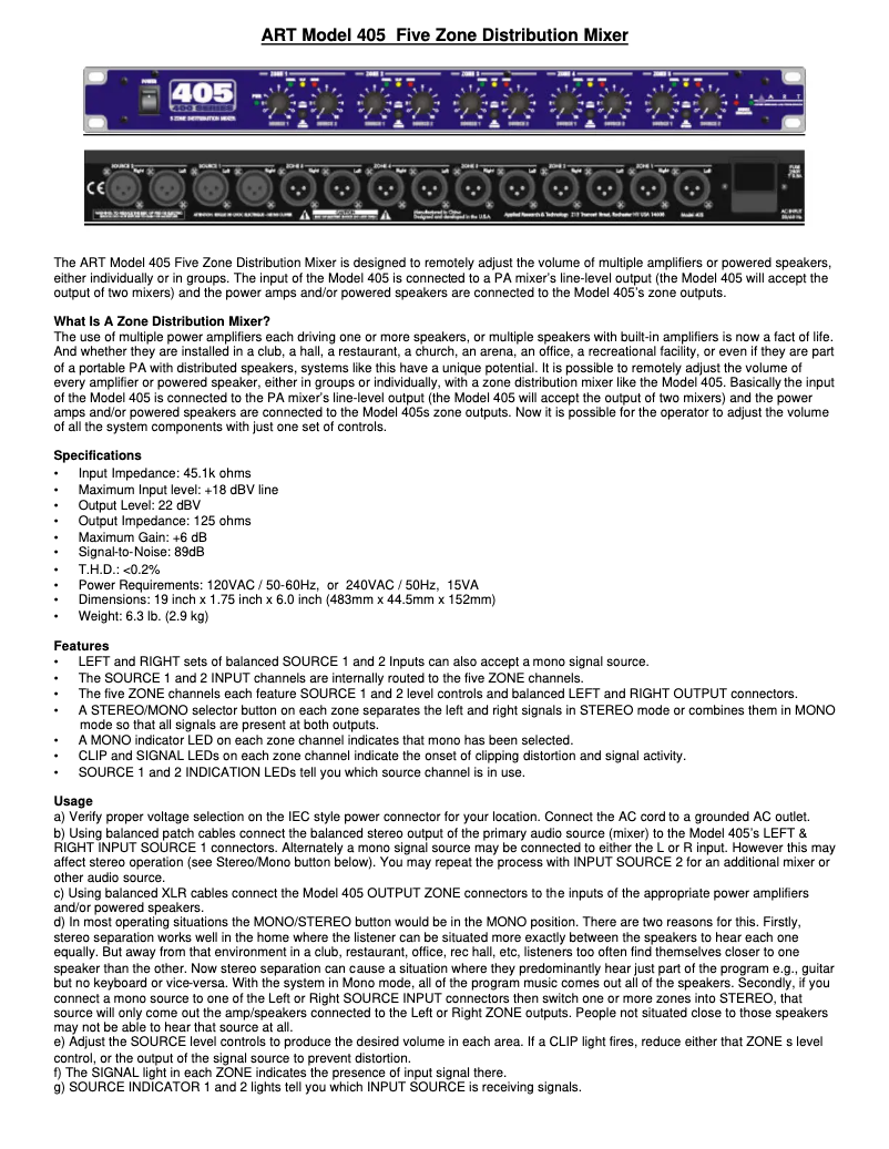 Page 1 de la notice Manuel utilisateur ART 405