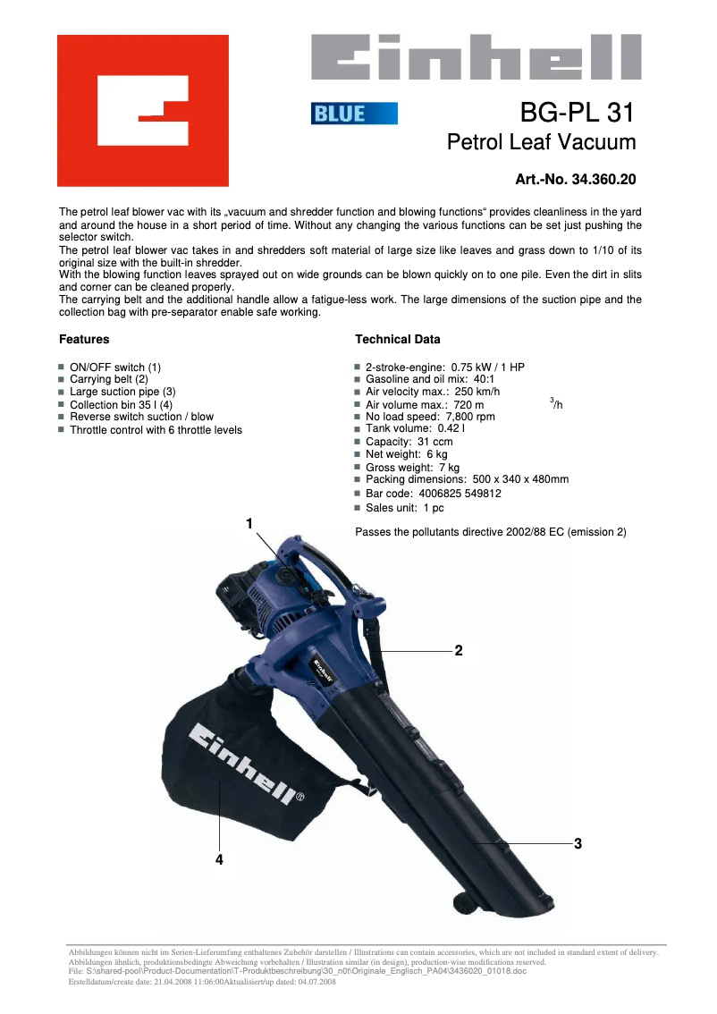 Page n°1 - Fiche technique Einhell BG-PL 31
