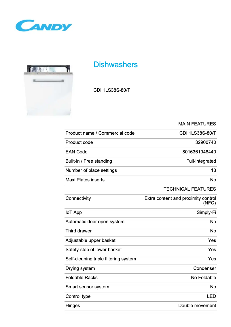 Page 1 de la notice Fiche technique Candy CDI 1LS38S-80/T