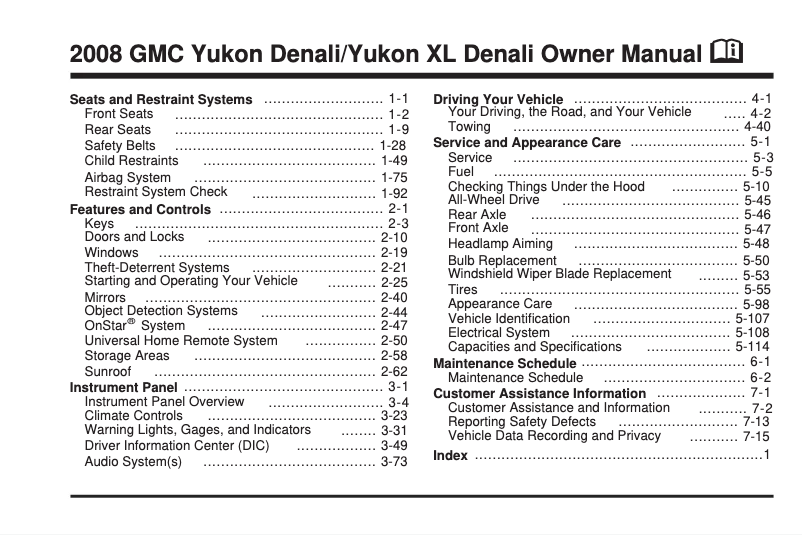 Image de la première page du manuel de l'appareil Yukon XL Denali (2018)