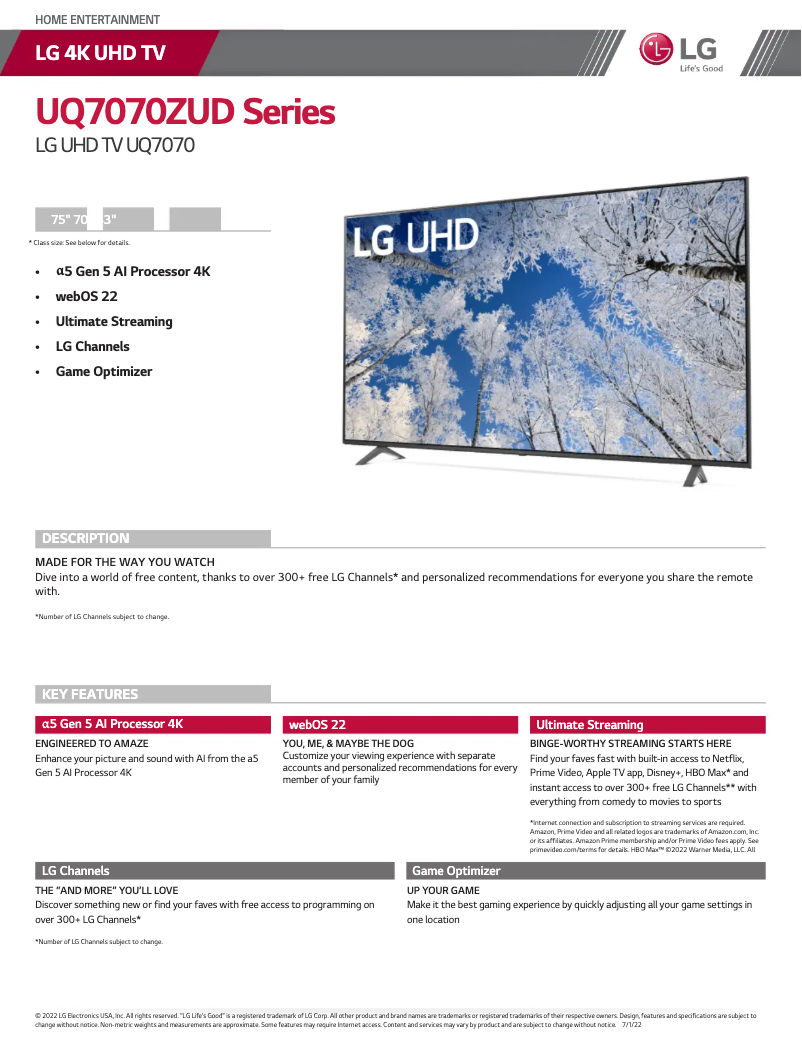 Page 1 de la notice Fiche technique LG 43UQ7070ZUD