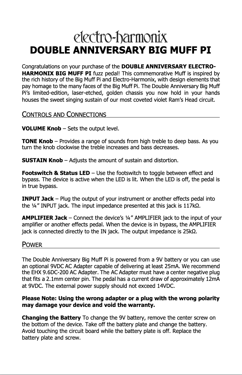 Image de la première page du manuel de l'appareil Anniversary Big Muff Pi