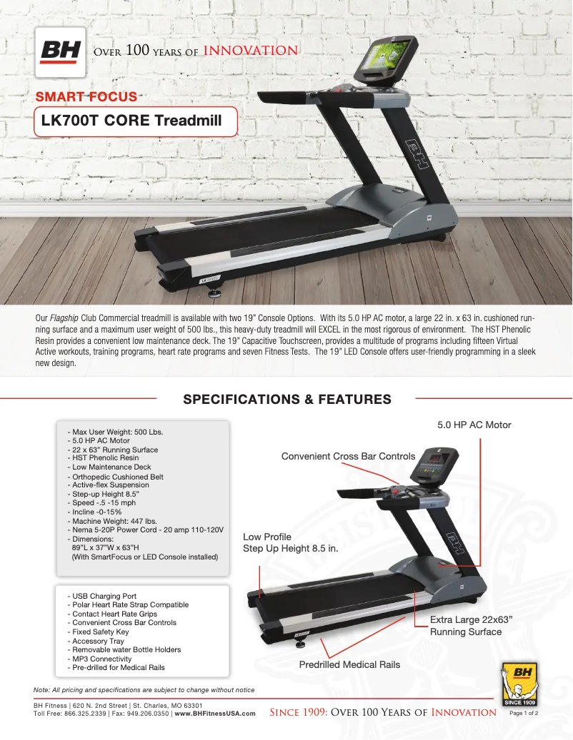 Page 1 de la notice Fiche technique BH Fitness LK700T CORE