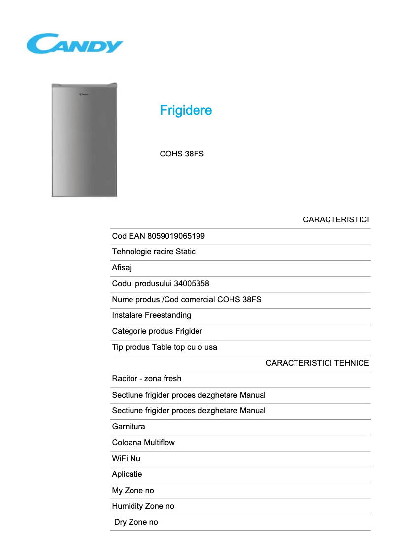 Page 1 de la notice Fiche technique Candy COHS 38FS