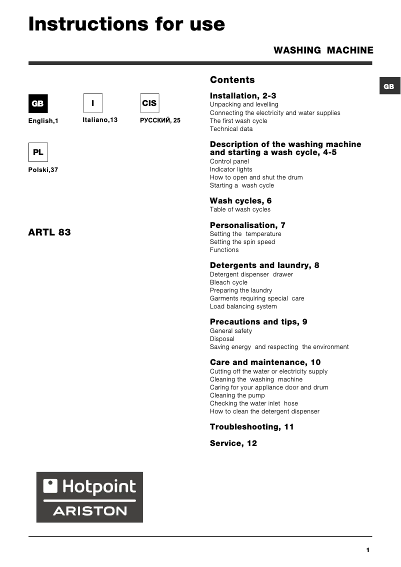 Page n°1 - Manuel utilisateur Hotpoint Ariston ARTL 83 (EU)