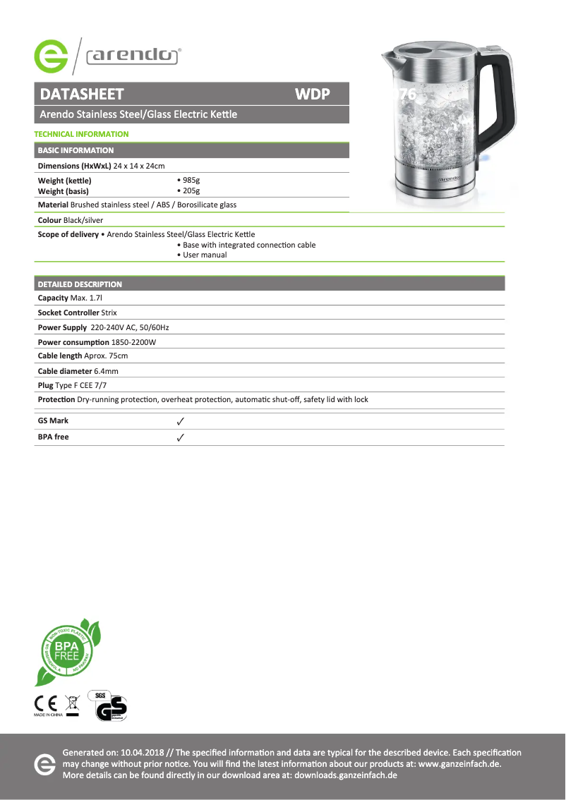 Page 1 de la notice Fiche technique Arendo 303076