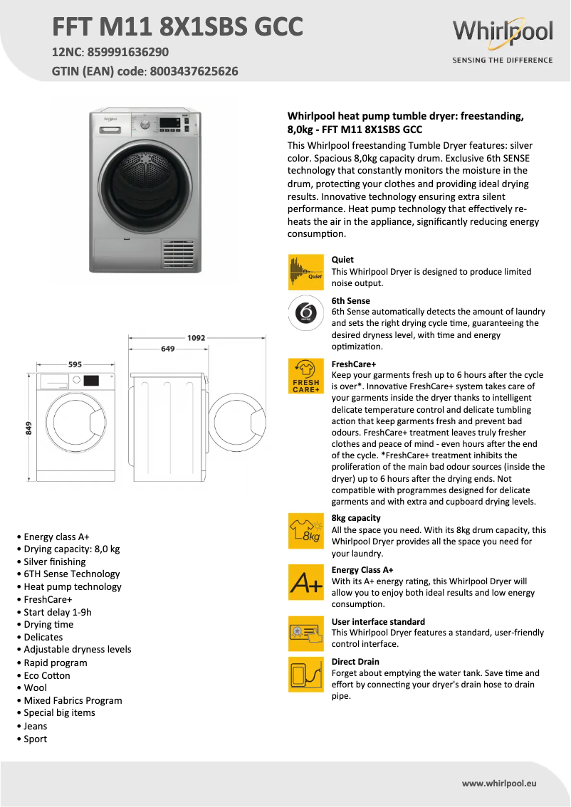 Page n°1 - Fiche technique Whirlpool FFT M11 8X1SBS