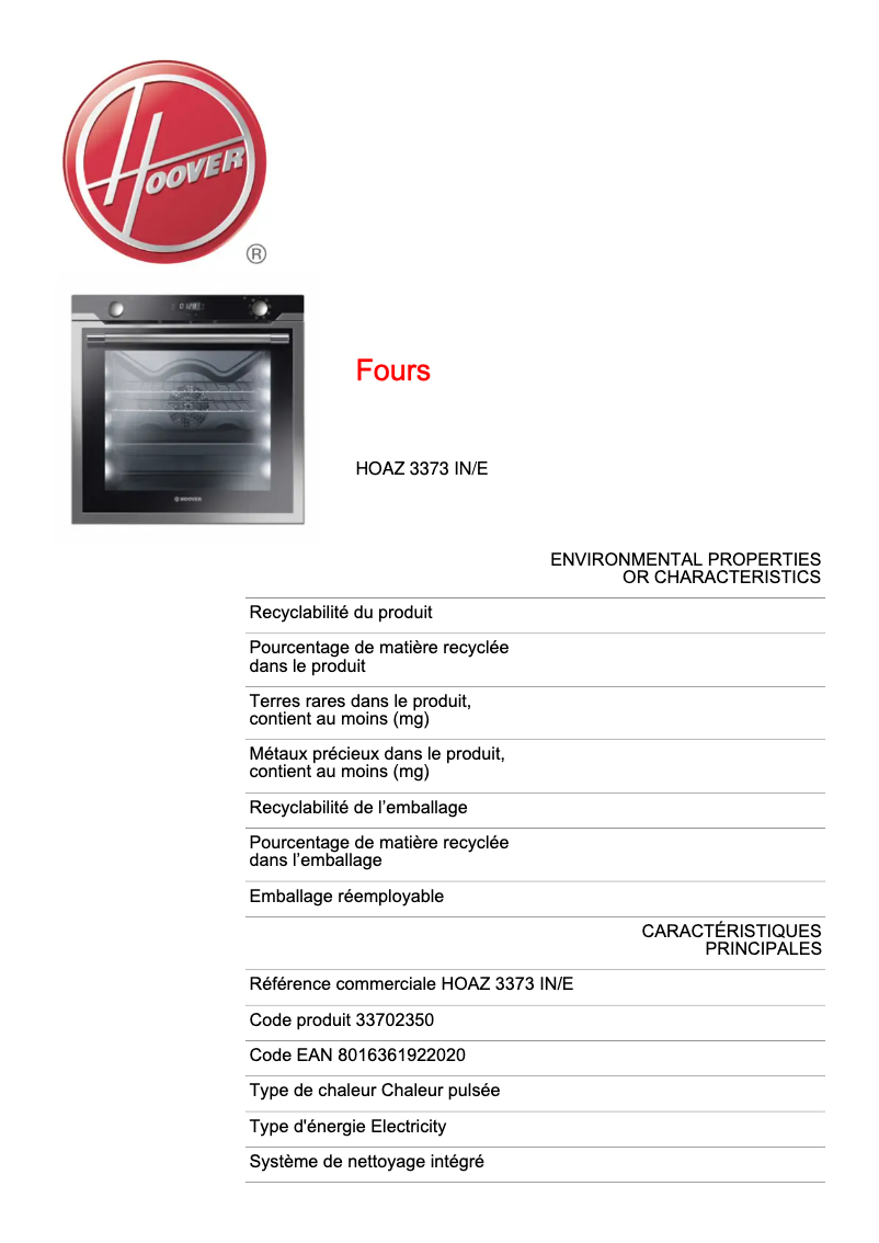 Page 1 de la notice Fiche technique Hoover H-OVEN 500 HOAZ 3373 IN/E