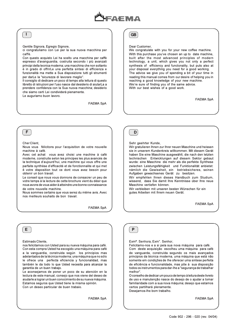 Page 1 de la notice Manuel utilisateur Faema E92