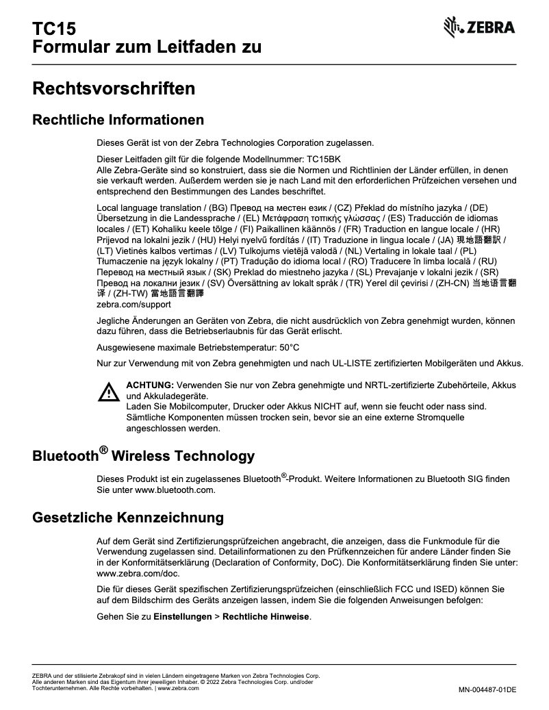 Page n°1 - Manuel utilisateur Zebra TC15