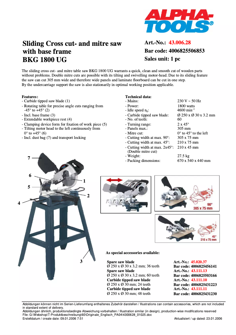 Page 1 de la notice Fiche technique Alpha Tools BKG 1800 UG