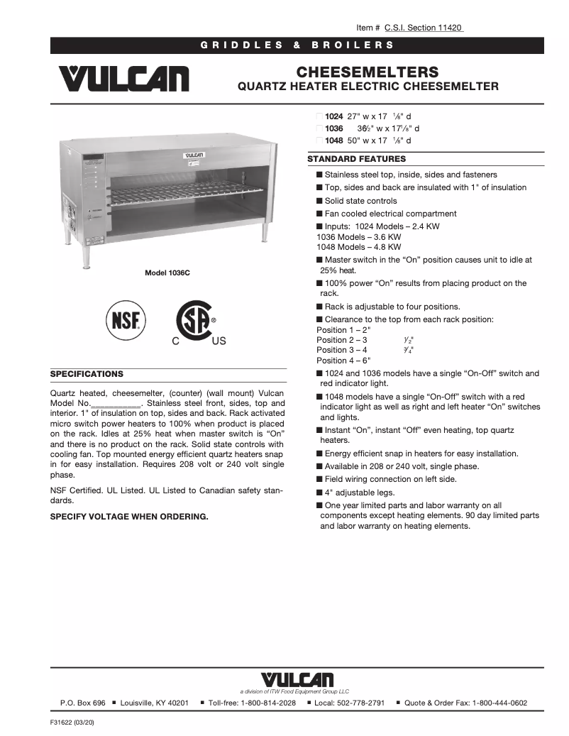 Page 1 de la notice Fiche technique Vulcan 1048W