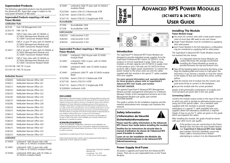 Page 1 de la notice Manuel utilisateur 3Com Superstack Advanced RPS 60W