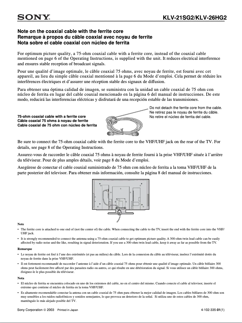 Page 1 de la notice Guide d'installation Sony KLV-26HG2