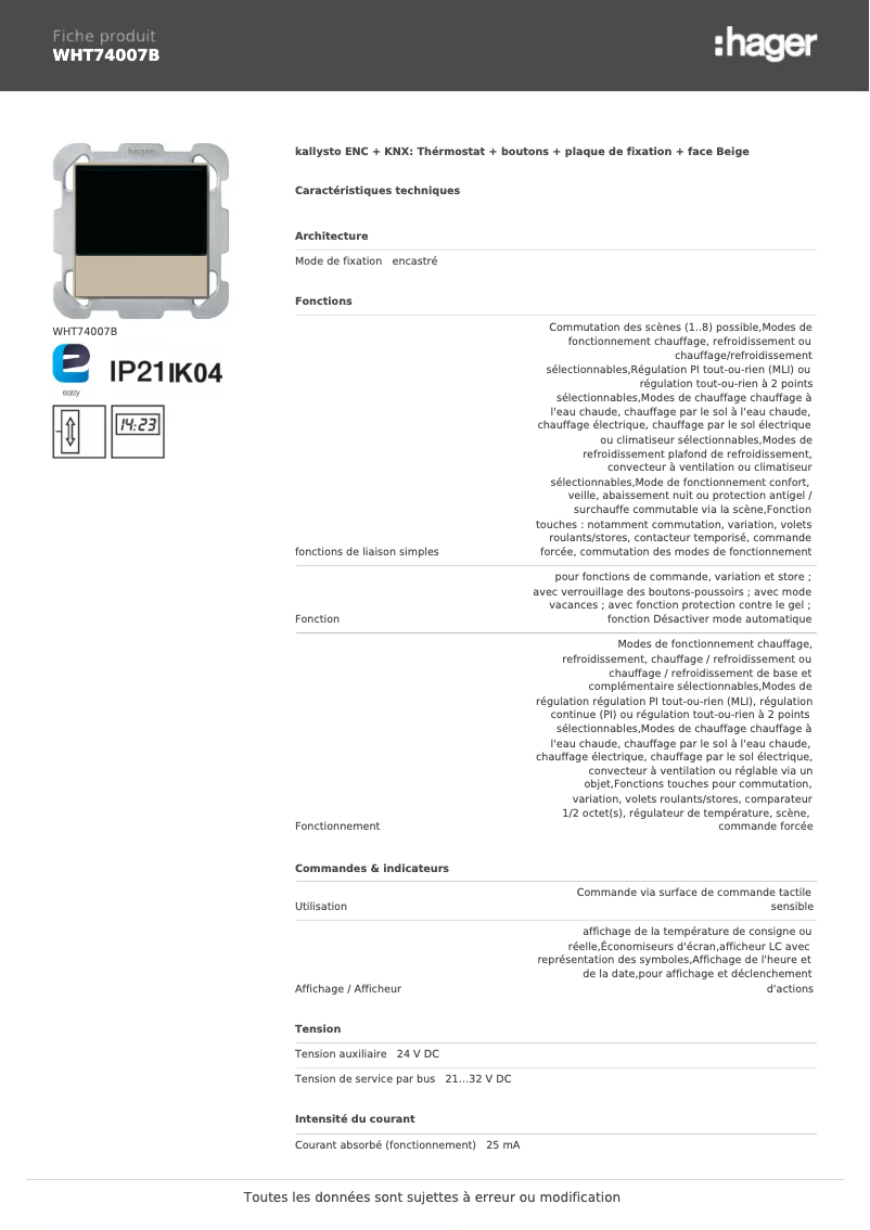 Page 1 de la notice Fiche technique Hager WHT74007B