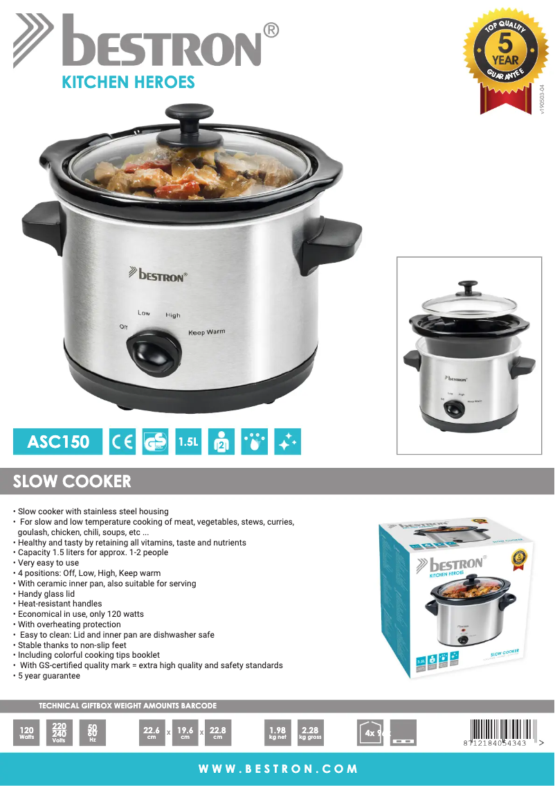 Page 1 de la notice Fiche technique Bestron ASC150