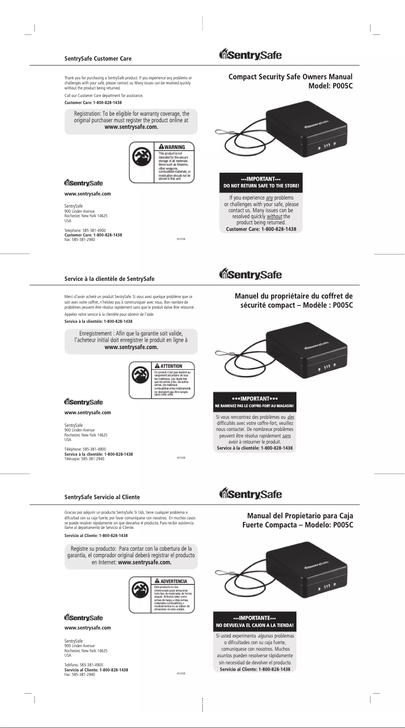 Page 1 de la notice Manuel utilisateur Sentry Compact Security Safe P005C