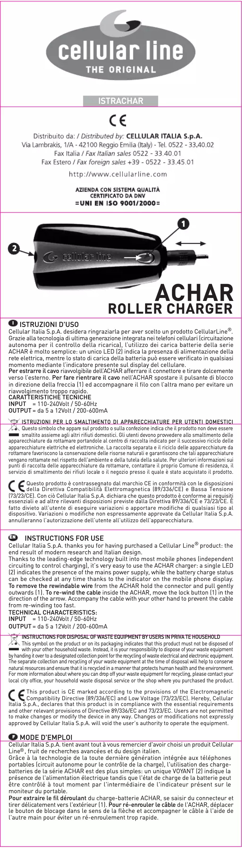 Page n°1 - Manuel utilisateur Cellular Line ACHARSGHZ560
