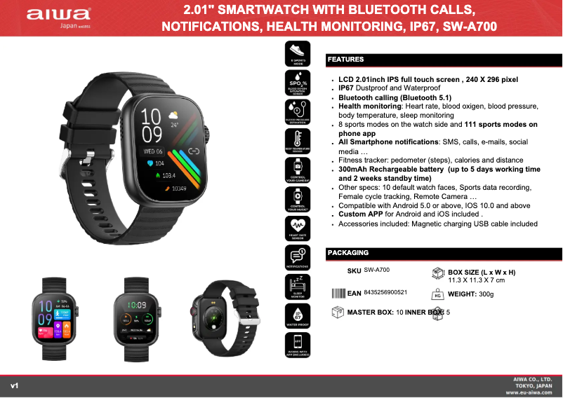 Page 1 de la notice Fiche technique Aiwa SW-A700
