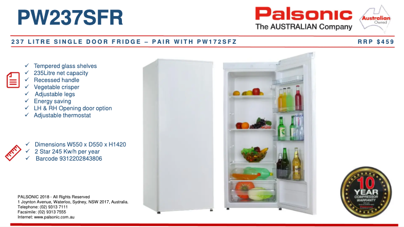 Page 1 de la notice Fiche technique Palsonic PW237SFR