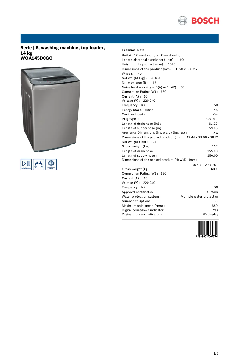 Página 1 del manual Ficha técnica Bosch WOA145D0GC