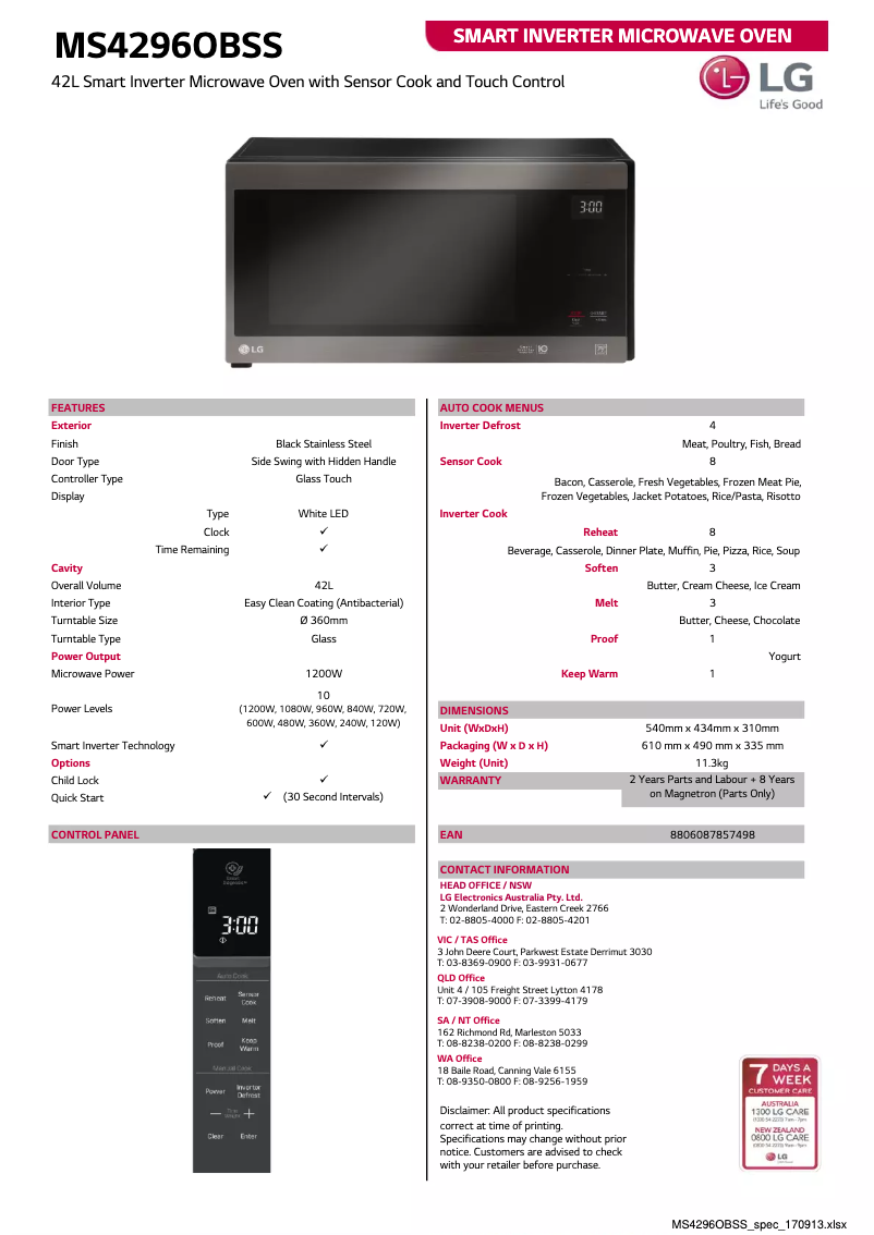 Page 1 de la notice Fiche technique LG NeoChef MS4296