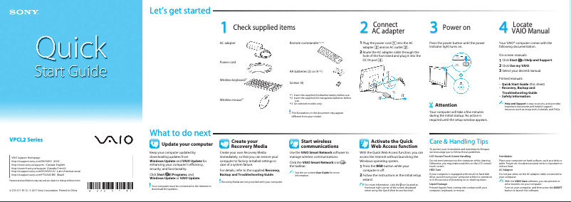 Image de la première page du manuel de l'appareil VAIO VPCL215FDB