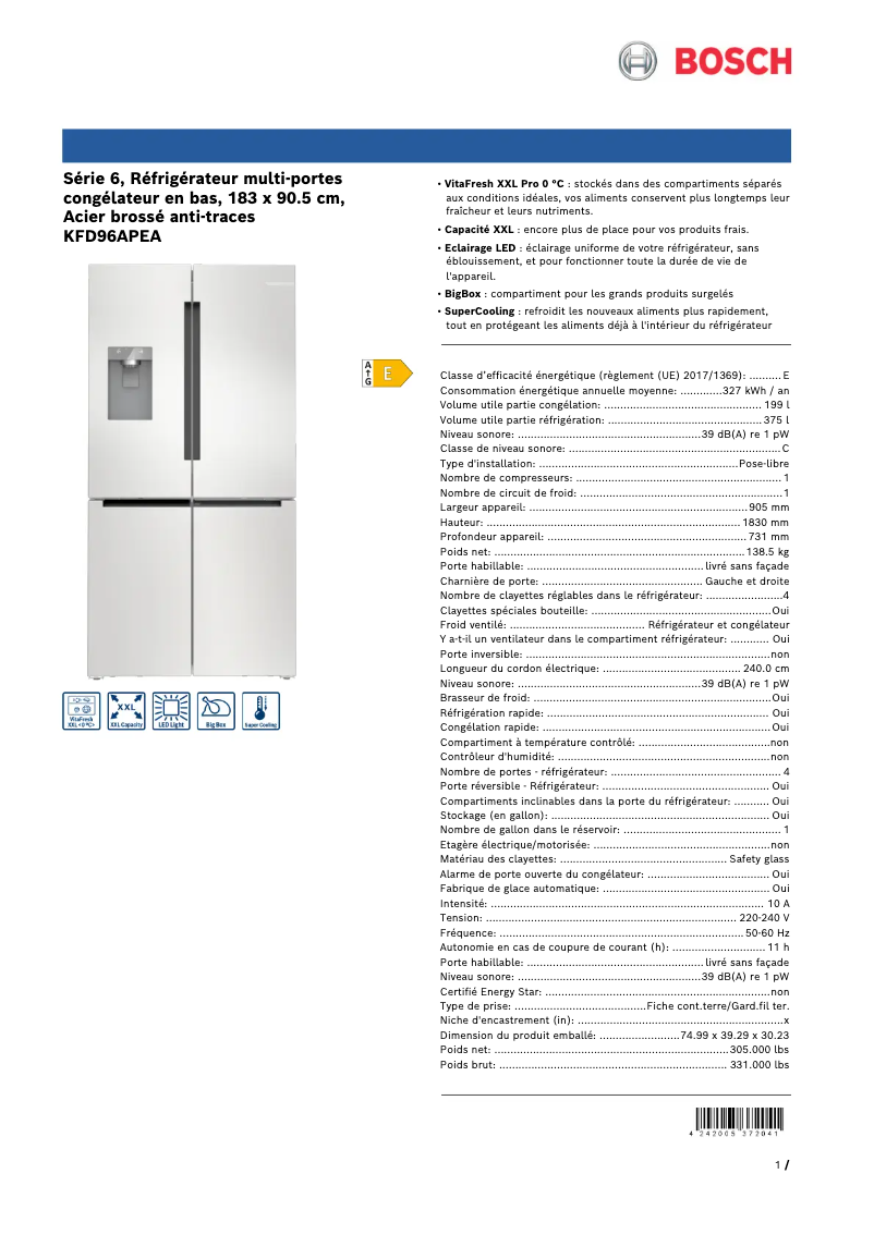 Página 1 del manual Ficha técnica Bosch KFD96APEA