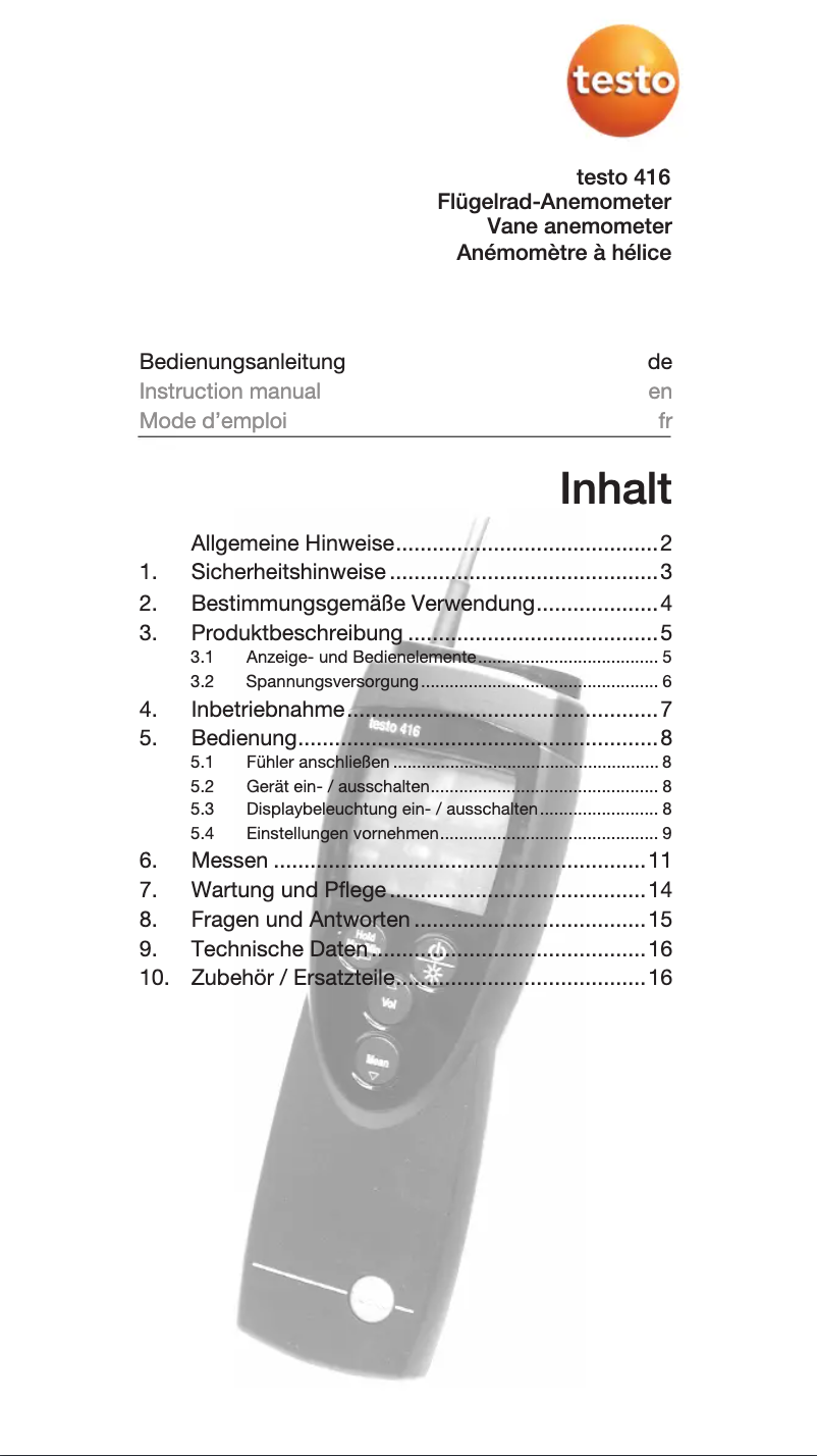 Page 1 de la notice Manuel utilisateur Testo 416
