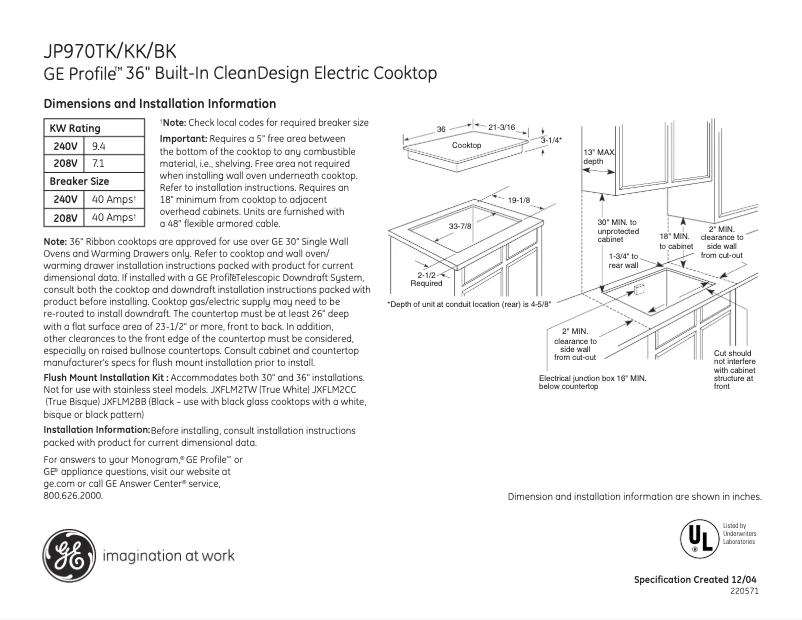 Page n°1 - Fiche technique GE Profile JP970BKBB