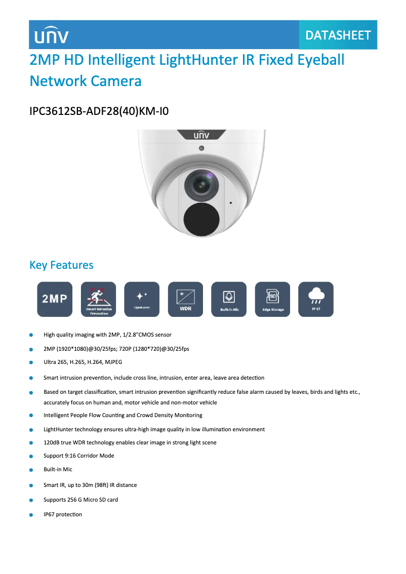 Page 1 de la notice Fiche technique UniView IPC3612SB-ADF28(40)KM-I0