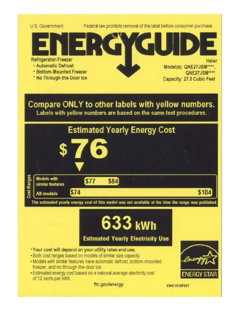 Page n°1 - Label énergétique Haier QNE27JBMTS
