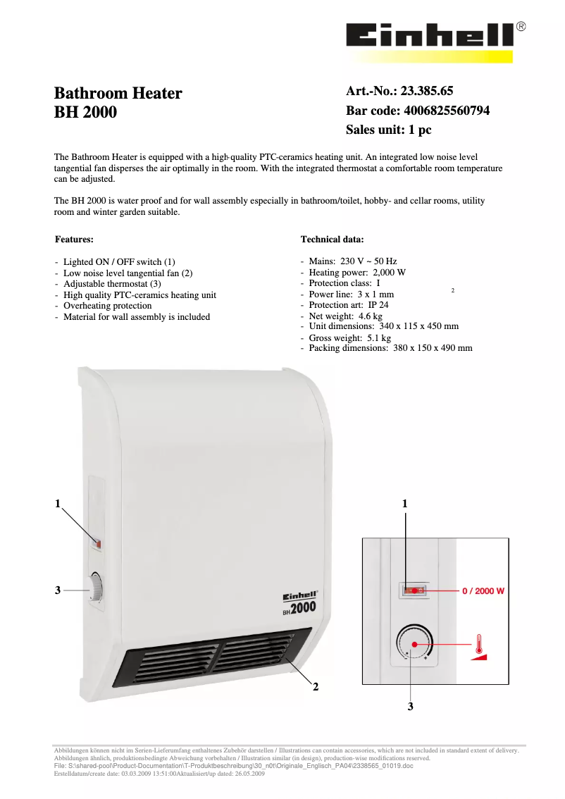 Page 1 de la notice Manuel utilisateur Einhell BH 2000