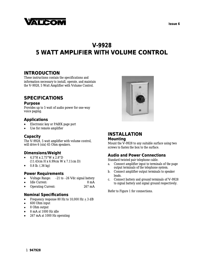 Page n°1 - Manuel utilisateur Valcom V-9928