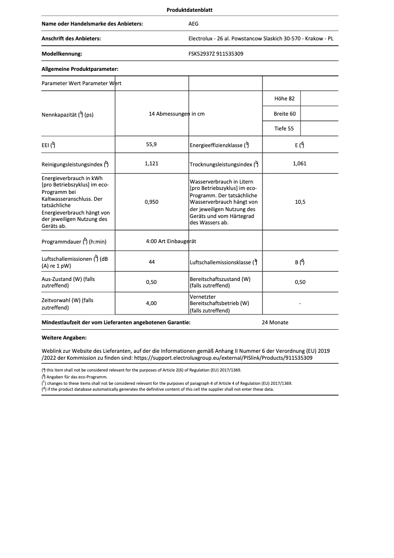 Page n°1 - Fiche technique AEG FSK52937Z