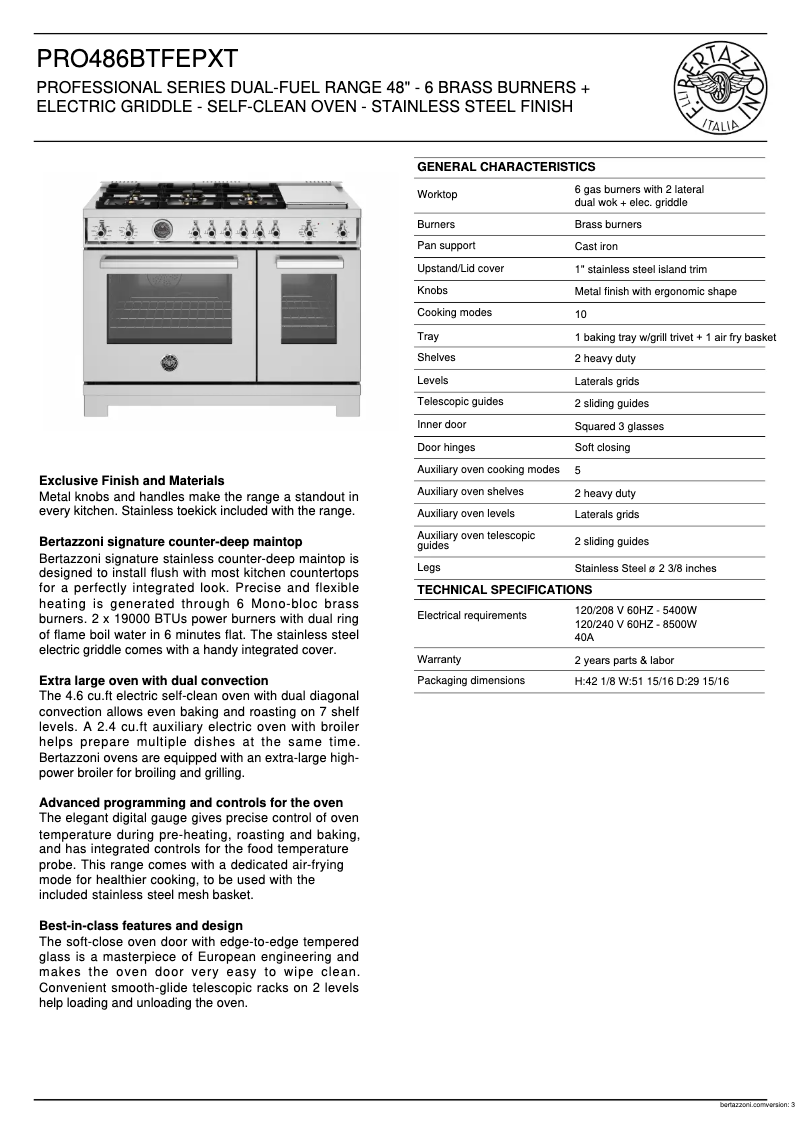 Page 1 de la notice Fiche technique Bertazzoni PRO486BTFEPXT