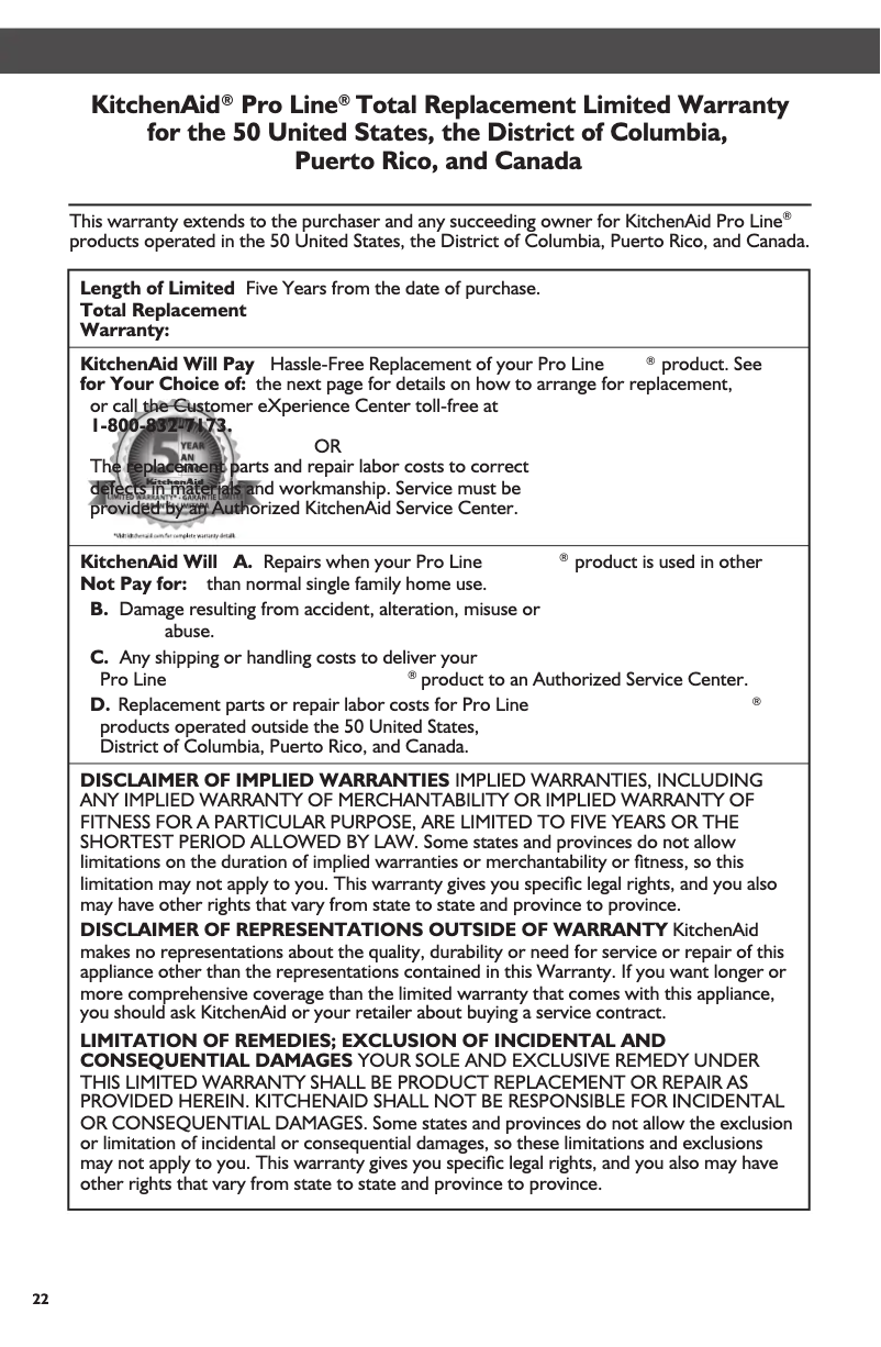 Page 1 de la notice Informations de garantie KitchenAid Pro Line KSM7586P