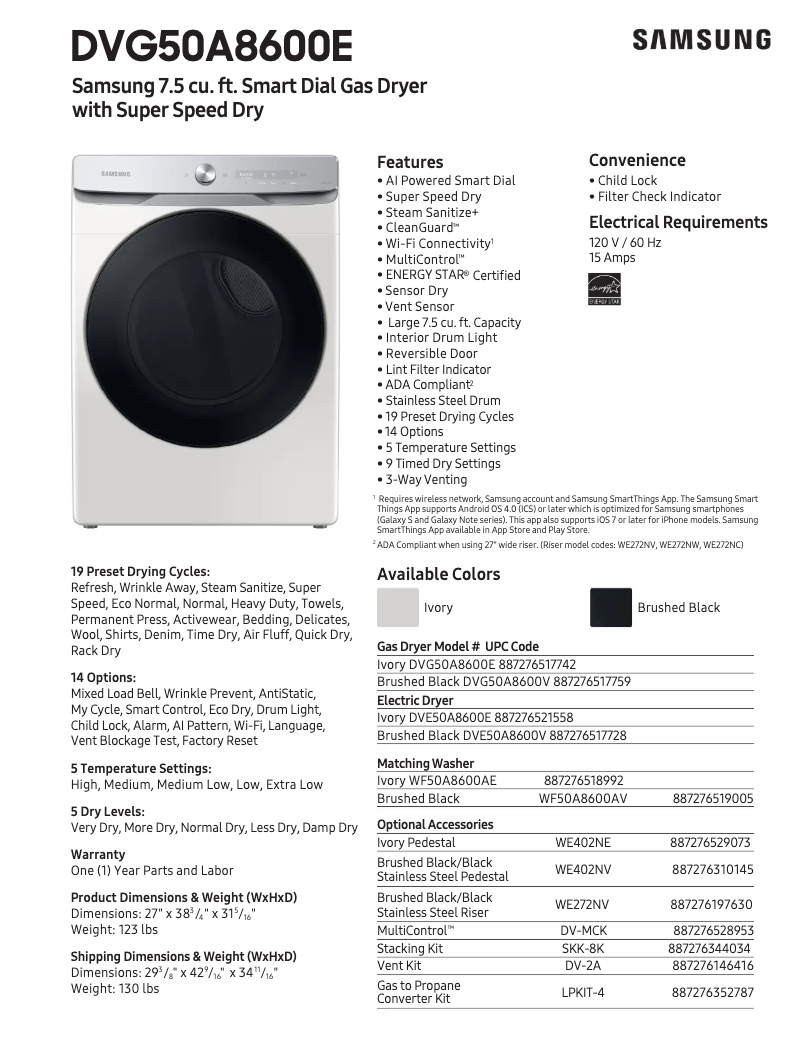 Page n°1 - Fiche technique Samsung DVG50A8600E