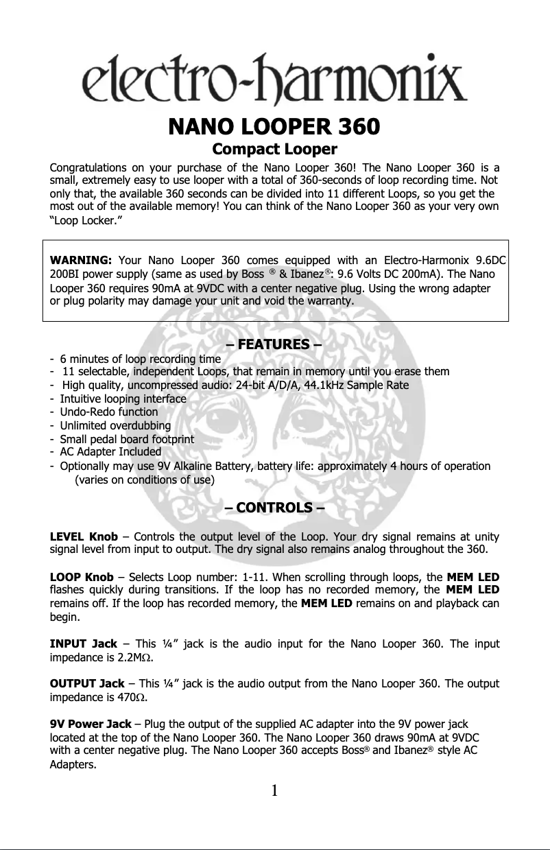 Page n°1 - Manuel utilisateur Electro Harmonix Nano Looper 360