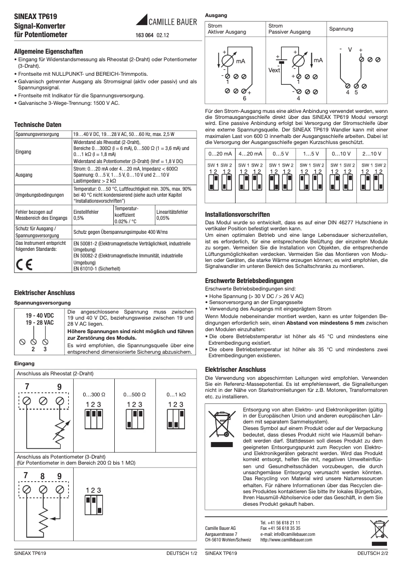 Page n°1 - Manuel utilisateur Camille Bauer SINEAX TP619