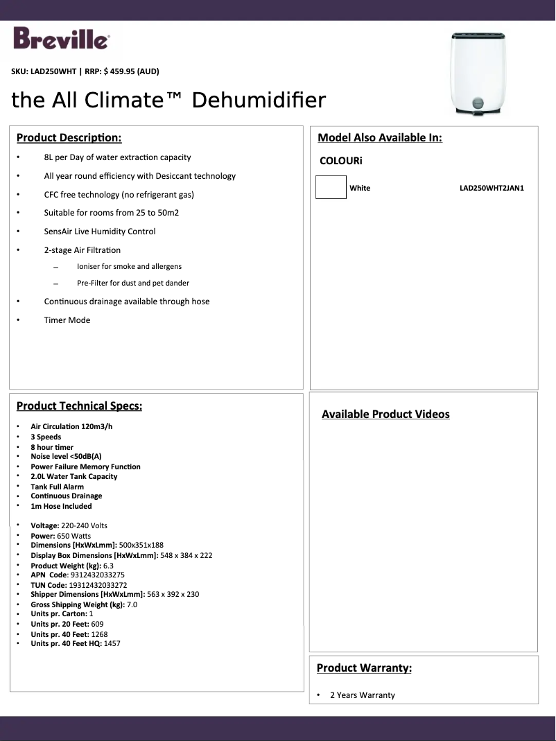 Página 1 del manual Ficha técnica Breville The All Climate LAD250
